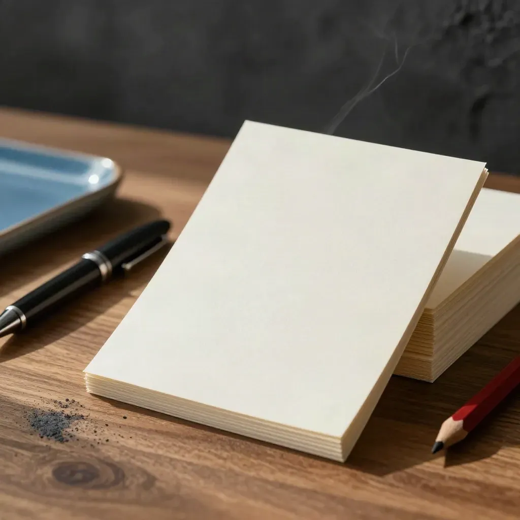 Carta, penna e matita su piano di lavoro, con atmosfera cinematografica e luce radente.