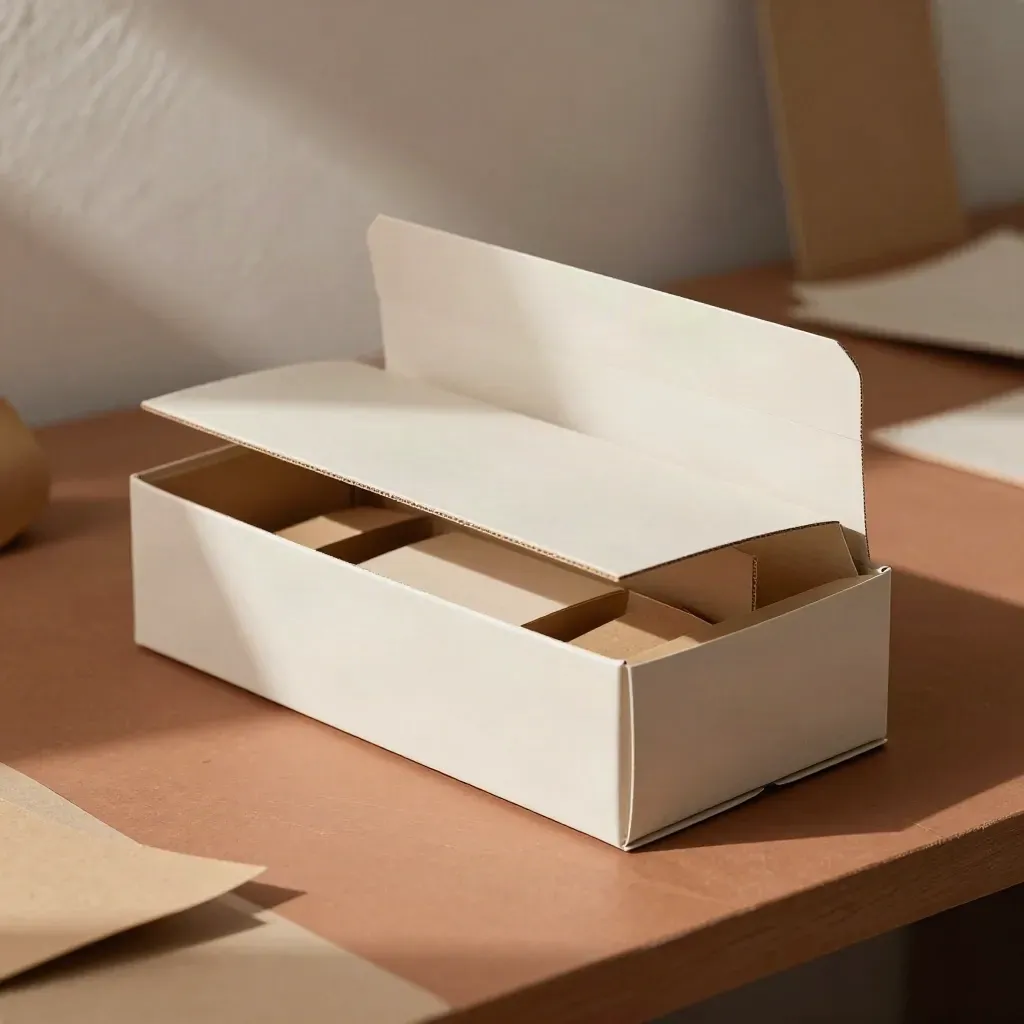 Prototipi di scatole packaging sovrapposte con carta velina su banco caldo