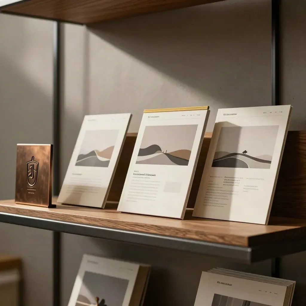 Scaffale creativo con targa, mockup web e packaging in luce drammatica