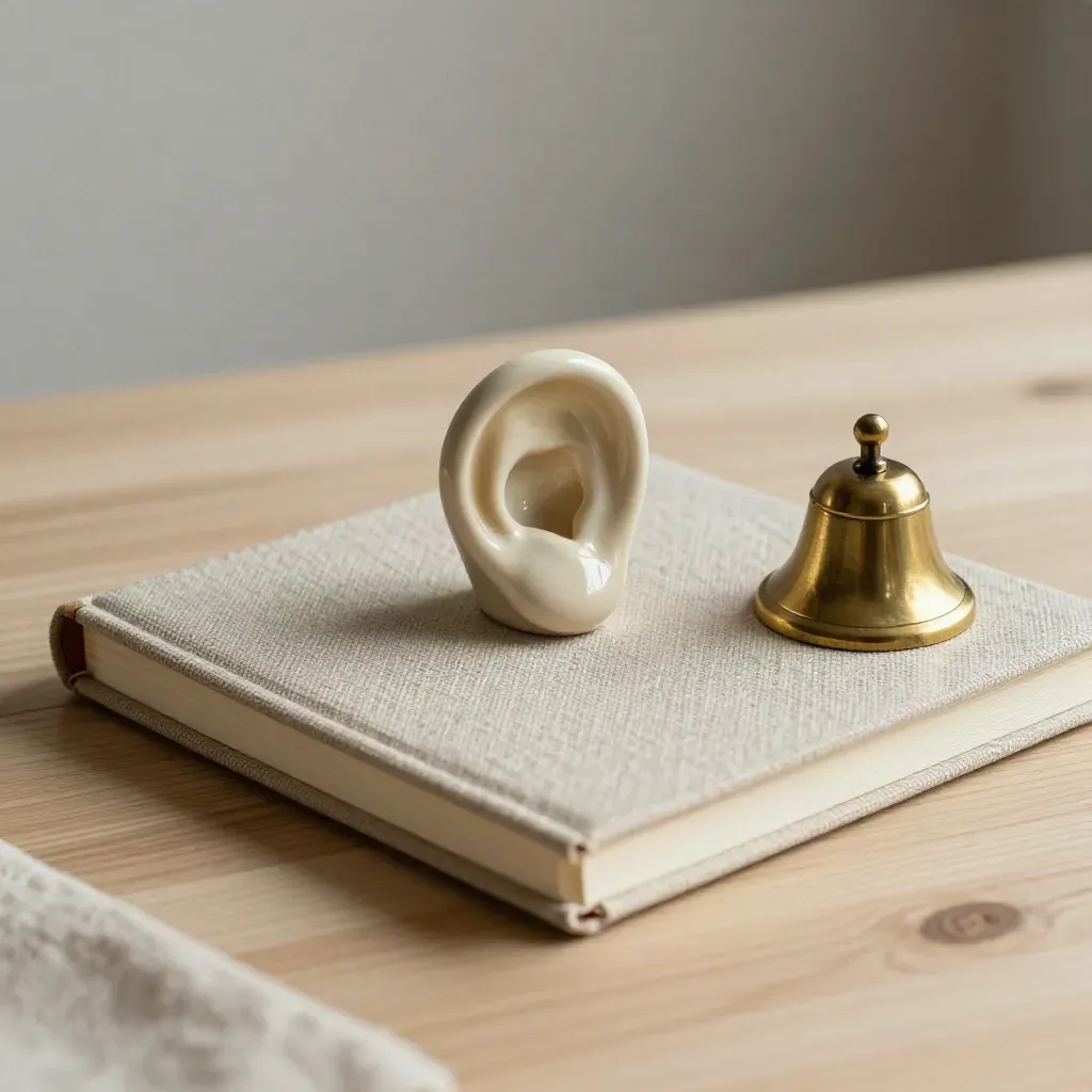 Taccuino di lino, fermacarte a forma di orecchio e campanello su legno chiaro.