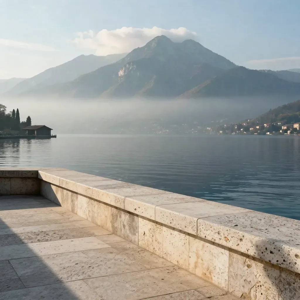 Alpi lombarde sul Lago di Como con terrazza in pietra e foschia dorata all’alba