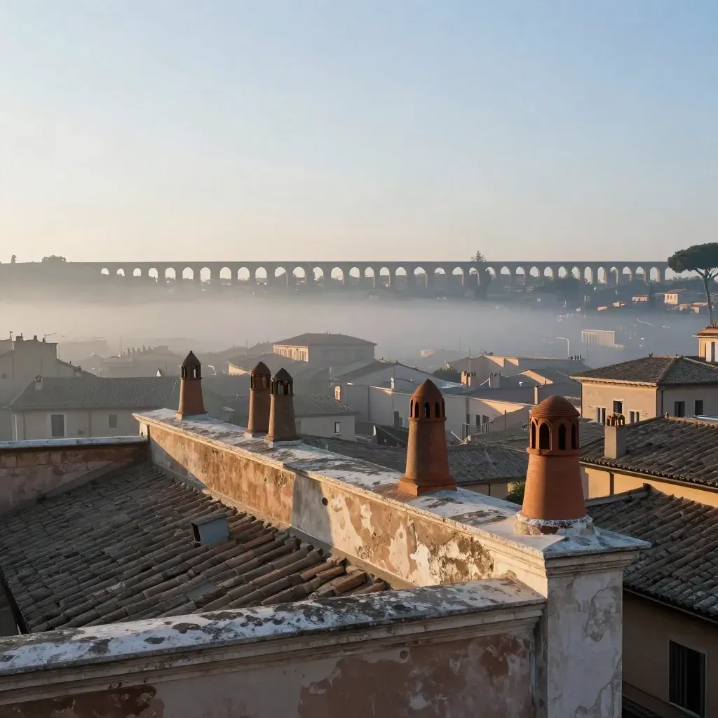 Tetti in travertino di Roma all’alba con acquedotto lontano e cielo pallido.
